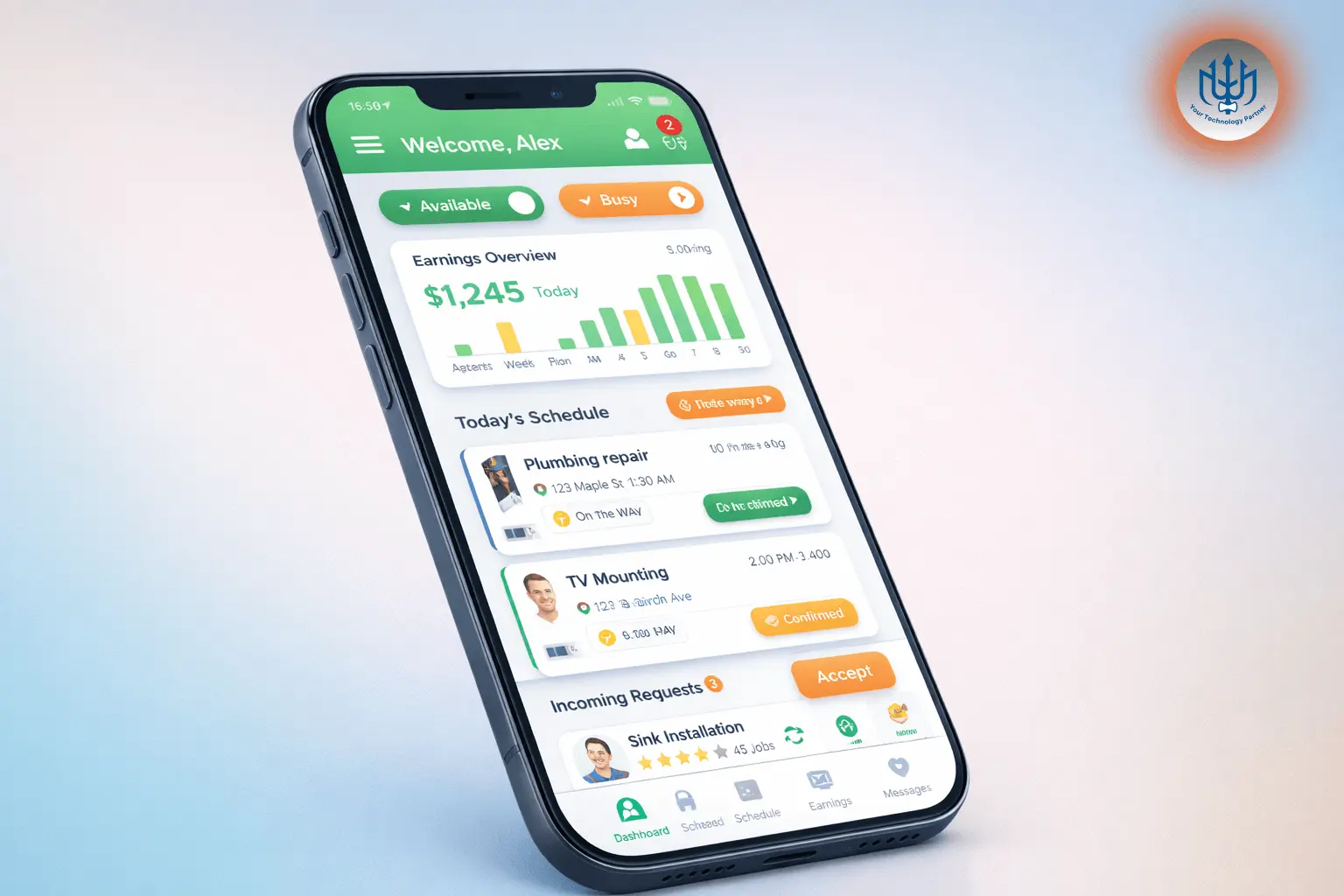 Accept jobs, manage schedules, navigate locations, and receive payments.